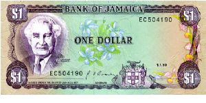 $1
Purple/Green/Blue 
Governer G. Arthur Brown
Sir Alexander Bustamante & Blue Mahoe (Hibiscus elatus)
Tropical harbour 
Security thread
Wtrmrk Pineapple
T de la Rue Banknote