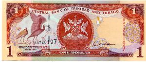 $1
Red/Blue/Cream
Governer M Duberan
Scarlet Ibis & coat of arms 
Oil refinery 
Security thread
Wtrmrk Bird Banknote