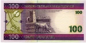 100 Ouguiya
Purple/Olive
Musical instruments & cow grazing in front of a tower
Geometric designs tower 
Security thread
Wtmrk Mans head Banknote