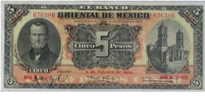1914 ORIENTAL DE MEXICO 5 CINCO PESOS Banknote