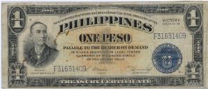 1949 PHILIPPINES TREASURY CERTTIFICATE *BLUE SEAL* 1 PESO

VICTORY SERIES WITH *VICTORY* OVER PRINT  NOTE HAS RUST SPOT FROM PAPERCLIP Banknote