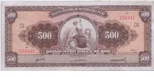 1968 BANCO CENTRAL DE RESERVA DEL PERU 500 *QUINIENTOS* SOLES

P80 Banknote