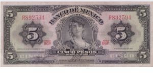 1968 BANCO DE MEXICO 5 *CINCO* PESOS

NICE RED STAMPS ON REVERSE



P60j Banknote