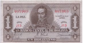 1928 EL BANCO CENTRAL DE BOLIVIA
1 *UN* BOLIVIANO Banknote