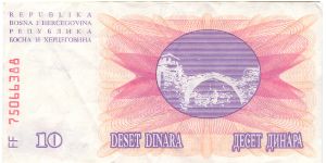1992 BOSNIA 10 DINARA

P10a Banknote