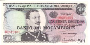 1976 **ND PROVISIONAL ISSUE**

50 *CINQUENTA* ESCUDOS

**BANCO DE MECAMBIQUE BLACK OVERPRINT**

P116 Banknote