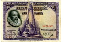 100 ptas
Purple/Gray/Blue
Miguel de Cervantes & Monument  
Painting of Don Quixote by Pidal Banknote