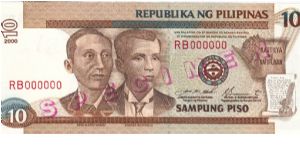 Republika Ng Pilipinas 10 Pesos Specimen note. Banknote