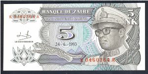 Zaire (Congo) 5 New Makuta 1993 P48. Banknote