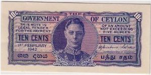 GOVERNMENT OF CEYLON KGVI 10 CENTS  UNIFACE Banknote