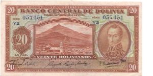 1928 BANCO CENTRAL DE BOLIVIA 20 *VIENTE* BOLIVIANOS Banknote