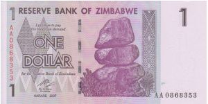 Zimbabwe $1 dated 2007 but not issued until 2008 Banknote