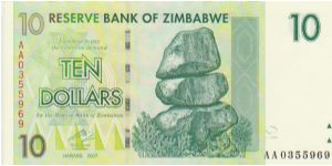 Zimbabwe $10 note dated 2007 but not issued until 2008 Banknote