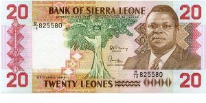 20 Leones
Brown/Green/Red
Tree & President Dr. Joseph Saidu Momoh
Two young men pan mining
Security thread
Watermark Lion Banknote