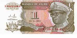1 Nouveau Likuta
Brown/Pink 
Leopard & President Mobutu
Monument
Security thread Banknote