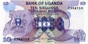 10 Shillings
Purple/Green
Coat of arms & geometric pattern
Waterfall, Elephants, Antelope & Hippo 
Security thread
Watermark Bird Banknote