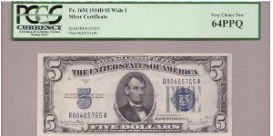1934 D $5 **WIDE I** SILVER CERTIFICATE


**PCGS 64 PPQ** Banknote