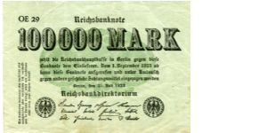 Weimar Republic
Treasury notes
3rd Issue
100,000 Marks
25 July
Green/Black
Value & Geometric pattern in center
Uniface
Wtmk GD in stars Banknote