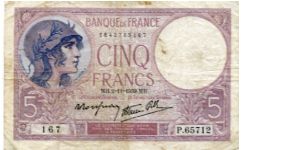 5 Francs
Violet, Allegory of France
Sailing ship and Dockworker
Wtmk Head Banknote