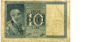 10 Lire
Blue
King Emanuele III
Helmeted Italia
Wtmk Italia Banknote