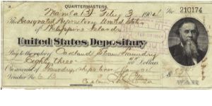 RARE United States Depository Check used in Manila  Philippines for doing laundry for ships linen. Banknote