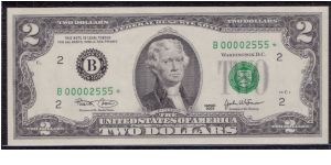 2003 $2 NEW YORK FRN

#1 0F 3 MATCHING SERIALS

**STAR NOTE**

#00002555* Banknote
