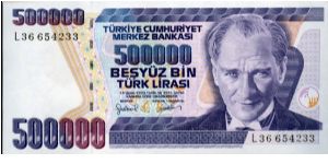 1970-93
500000 Lirasi
Purple/Blue/Brown/Yellow
President Kemil Atatürk
Aerial view of Canakkale Martyrs monument
Security thread
Wtrmk Kemil Atatürk Banknote