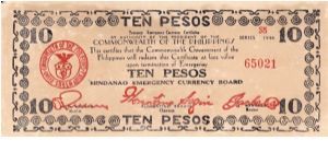 Emergency & Guerrilla Currency

Mindanao: 10 Pesos (Treasury Emergency Certificate issue) Banknote
