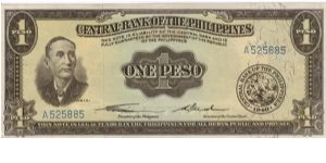 PI-133a RARE Central Bank of the Philippines 1 Peso English Series note with signature group 1 and GENUINE at top. Banknote