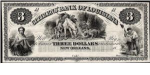 1860's NEW ORLEANS, LOUISIANA $3 Citizens Bank of Louisiana (1833-1911) Obsolete Note. HAXBY: LA-15 G6. Banknote