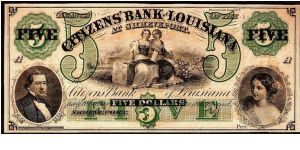 1860's Shreveport, Louisiana $5 Citizens' Bank of Louisiana Remainder Note. HAXBY: LA-15 G60a. Banknote