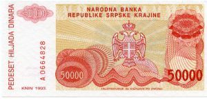 Republic of Serbian Krajina
500,00 Dinara
Red/Orange/Ocher
Knin fortress on hill
Serbian coat of arms
Wtmk Greek design Banknote