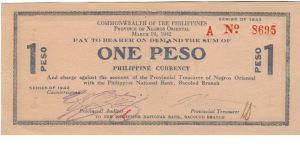 S-654a Commonwealth of the Philippines Negros Oriental 1 peso note with blue ink. Banknote