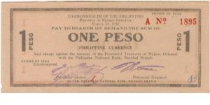 S-654b Commonwealth of the Philippines, Negros Oriental, 1 Peso note with grey ink. Banknote
