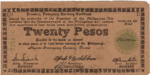 S-680a Negros Emergency Currency 20 Pesos note, plate D3. Banknote