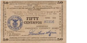 S-522a Mindanao Emergency Currency 50 centavos note. Banknote
