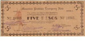 S-603 Mountain Province 5 Pesos note with countersign on reverse. Banknote