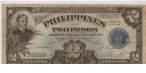 PI-118a Very RARE Philippines 2 Pesos note with Sergio Osmena and J. Hernandes signatures and Central Bank of the Philippines stamped on reverse. Banknote