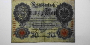 Germany 21 April 1910, 20 mark Riechsbanknote, sn: H5241112 Banknote