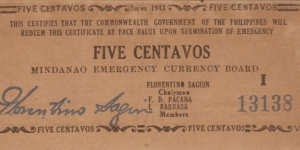 S-481b Mindanao Emergency Currency Board 5 Centavos note. Banknote