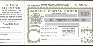 Jamaica 2003 20 Dollars postal order. Banknote