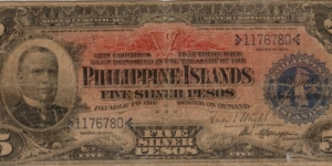PI-26b RARE Philippine Islands Five Silver Pesos note. Banknote