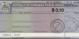 Zimbabwe 1994 10 Cents postal order. Banknote