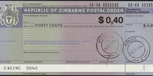Zimbabwe 1994 40 Cents postal order. Banknote