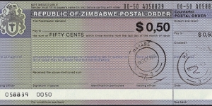 Zimbabwe 1994 50 Cents postal order. Banknote