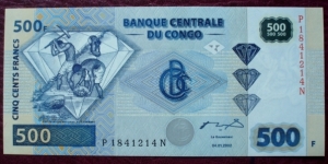 Banque Centrale du Congo |
500 Francs |

Obverse: Artisanal diamond mining |
Reverse: Diamond mining in narrow valley |
Watermark: Head of an Okapi Banknote