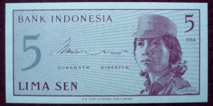 Bank Indonesia |
5 Sen |

Obverse: Female volunteer in uniform |
Reverse: Value
 Banknote