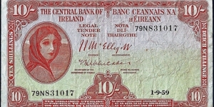 Ireland 1959 10 Shillings. Banknote