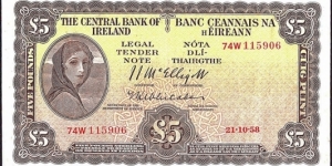 Ireland 1958 5 Pounds. Banknote