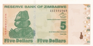 Zimbabwe P93 (5 dollar 2009) Banknote